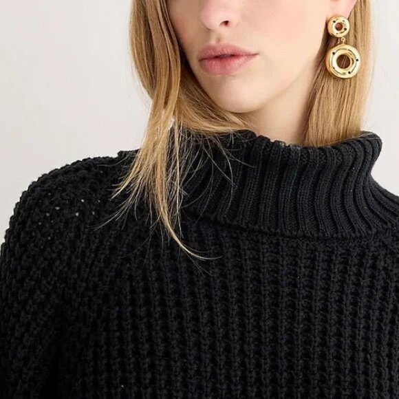 J.CREW Turtleneck Cotton Poncho M/L $155 Black Button 3/4 Sleeve Chunky Longline - Picture 2 of 16